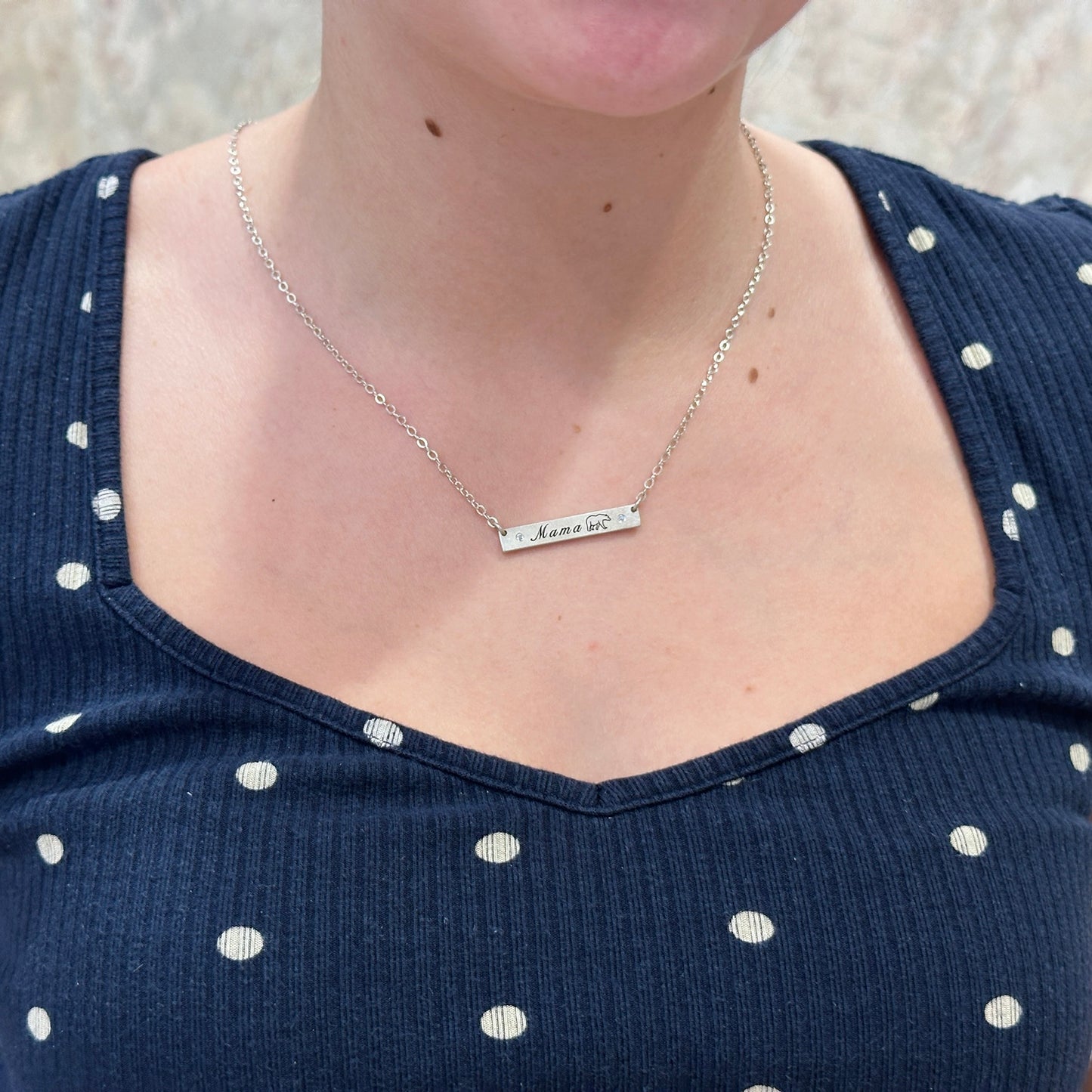 SS Diamond Mama Bear Bar Necklace 18"