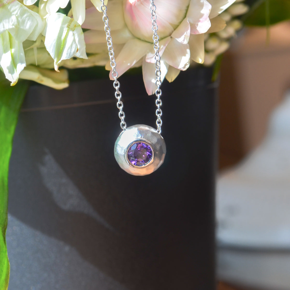 SS .38ct Amethyst Hammered Bezel Necklace NK3889SVJAM