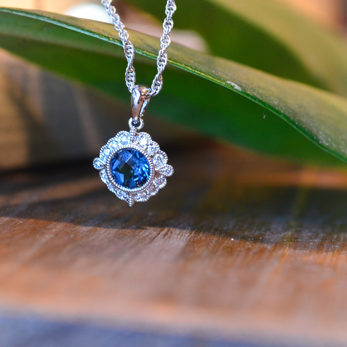 14kW .98ct London Blue Topaz .12ct Diamond Necklace N8018