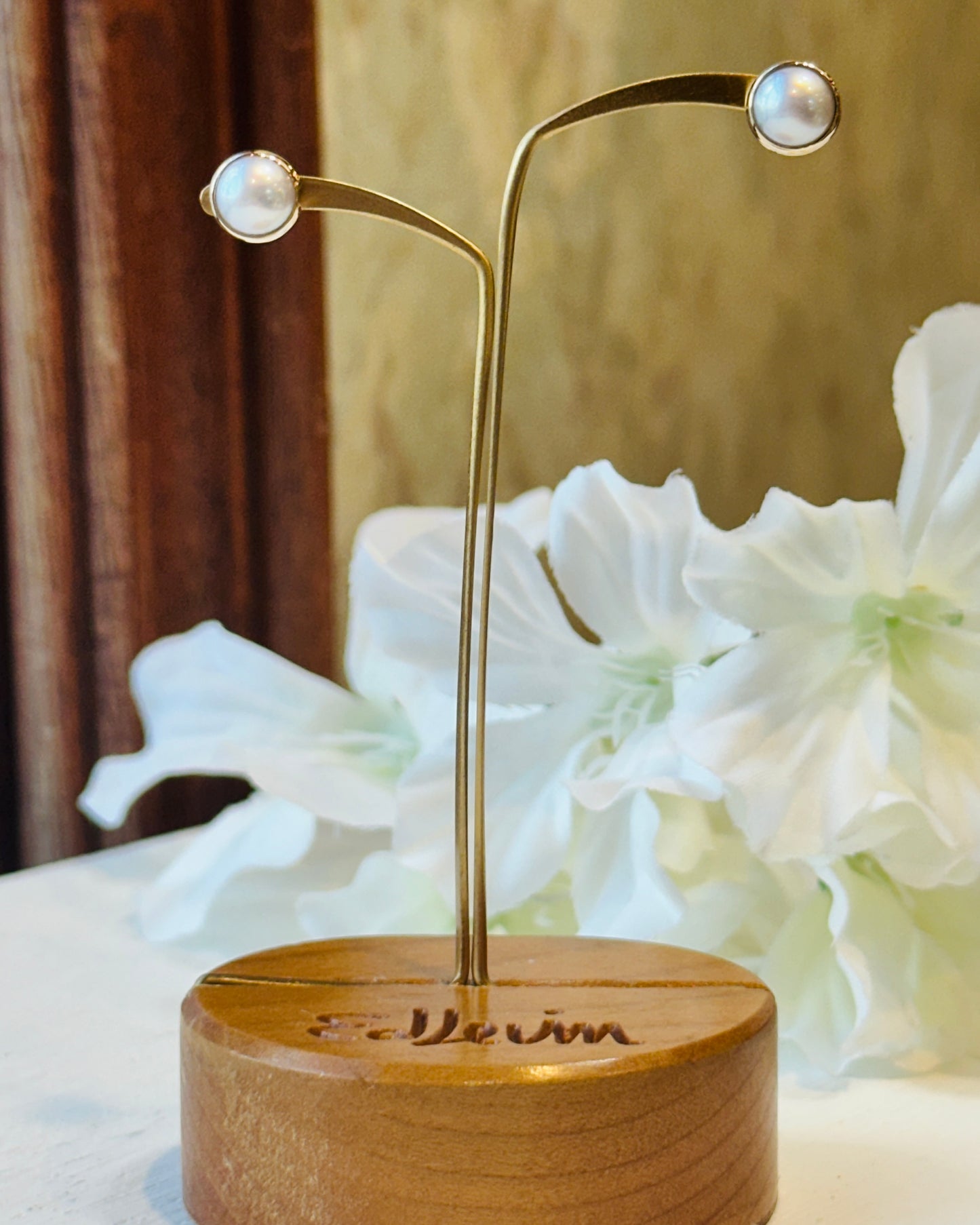 14kY Button Earring w/ Pearl Large EA04823P