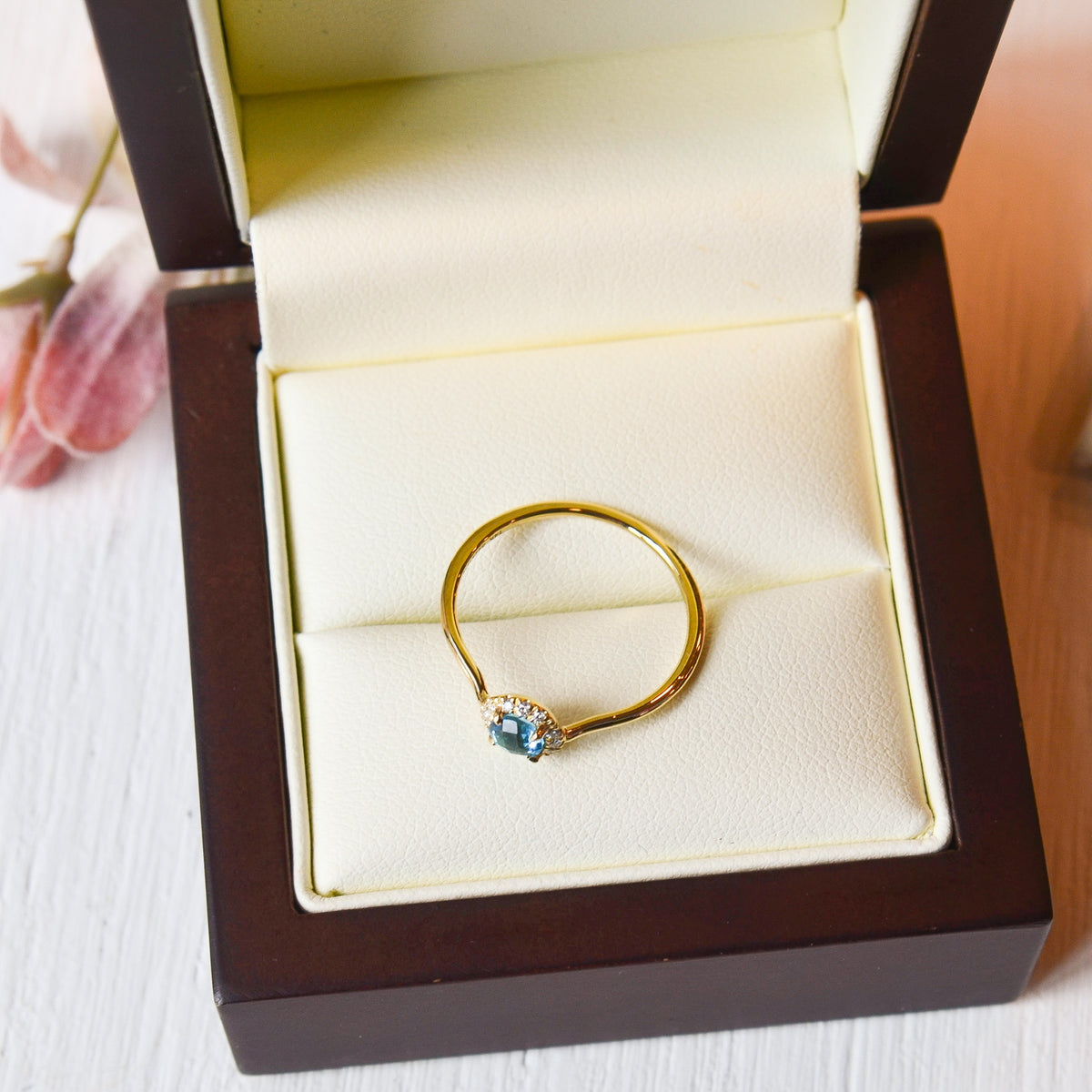 14kY .34ct Blue Topaz .06cttw Diamond Halo Ring LR51264Y45BT - 6.5