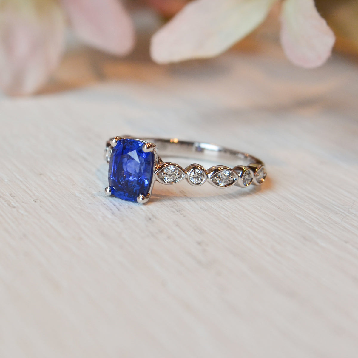 14kW 1.59ct Antique Cush Sapphire .25cttw Diamond Ring CR19800