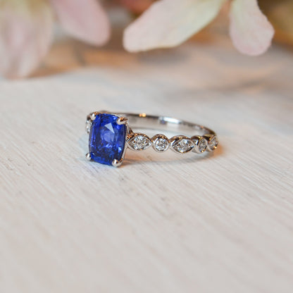 14kW 1.59ct Antique Cush Sapphire .25cttw Diamond Ring CR19800