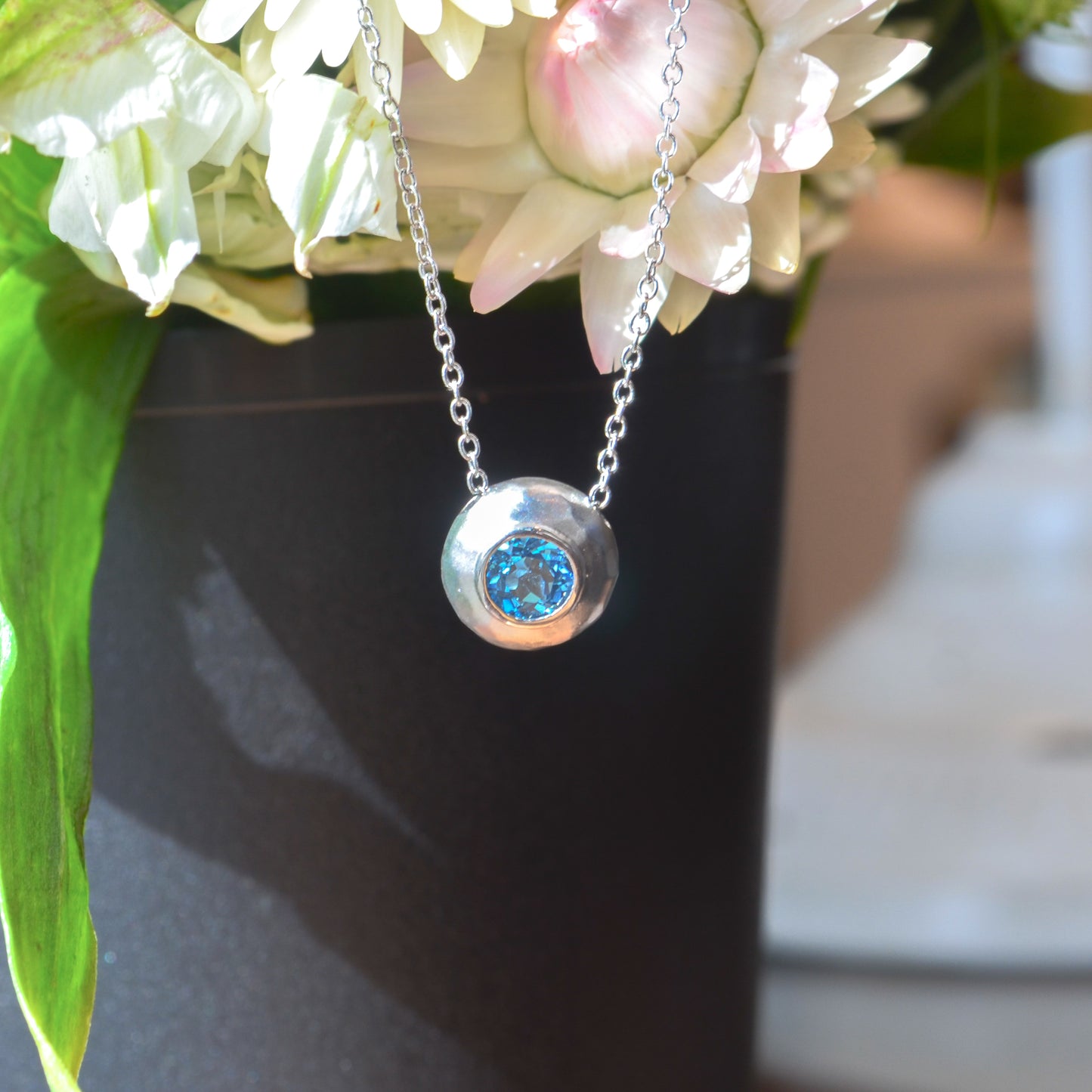 SS .58ct Blue Topaz Hammered Bezel Necklace NK3889SVJBT