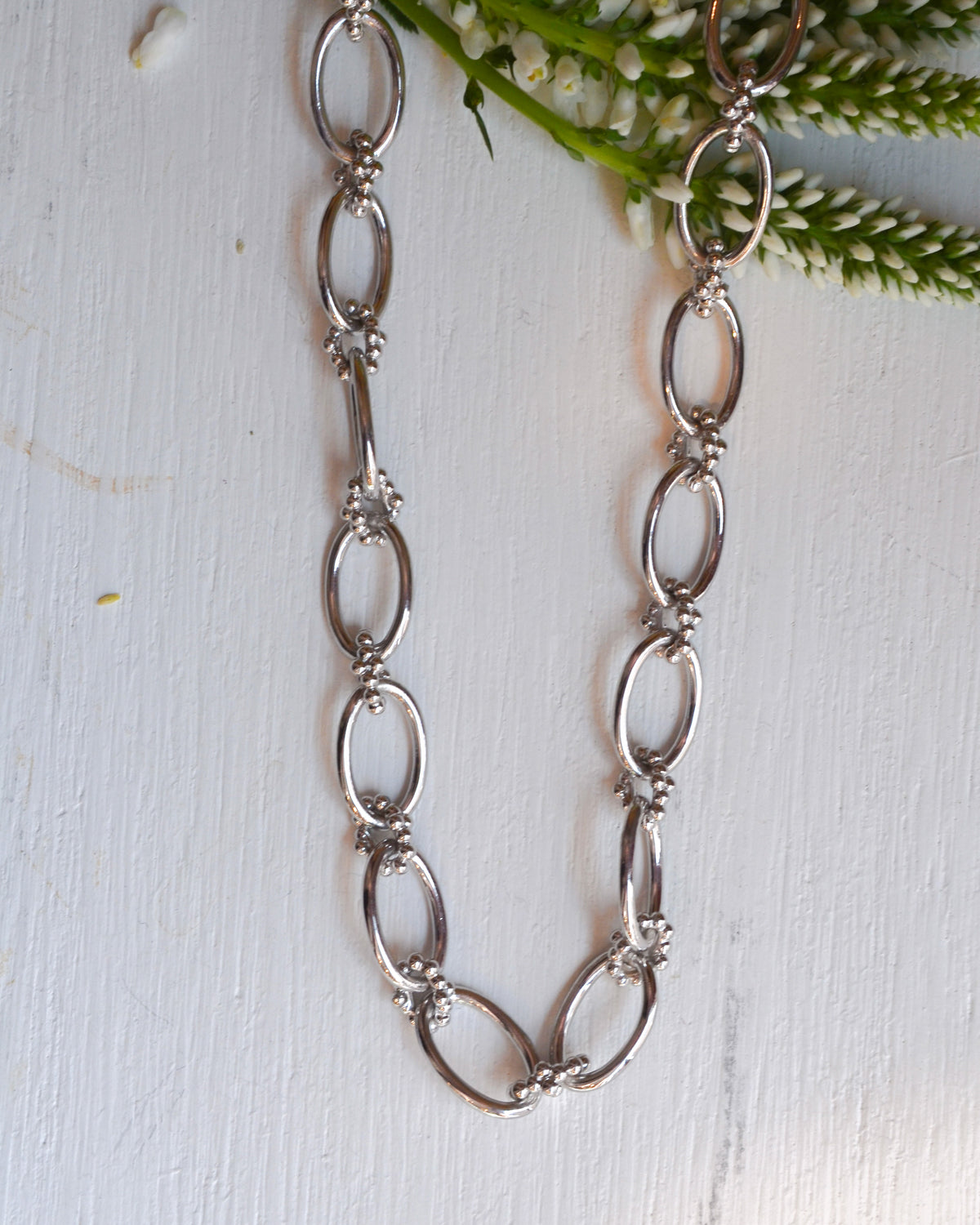 SS Oval Link Chain with Beaded Connectors NK7094SVJJJ
