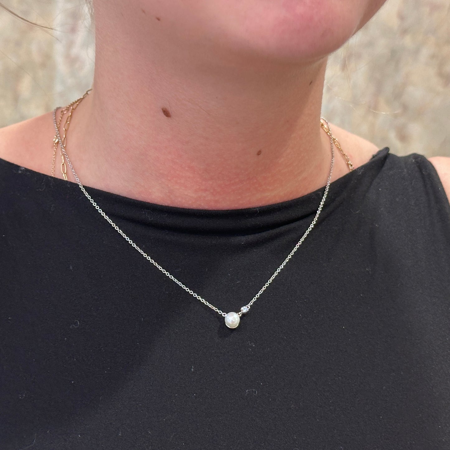 SS Pearl & .02ct Diamond Necklace NK5242SV5PL-17.5