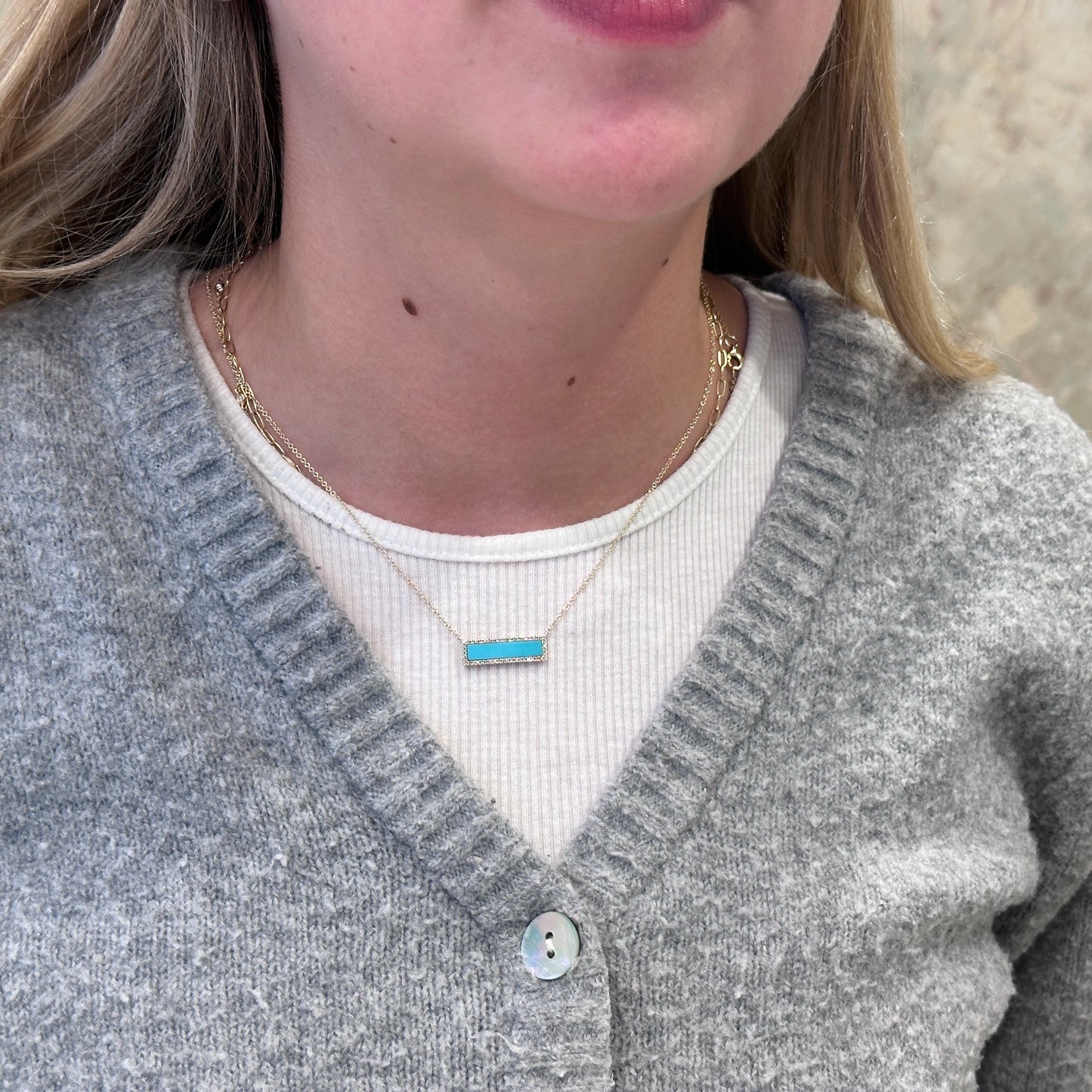 14kY 1.02ct Turquoise .15cttw Diamond Bar Necklace SC55002274