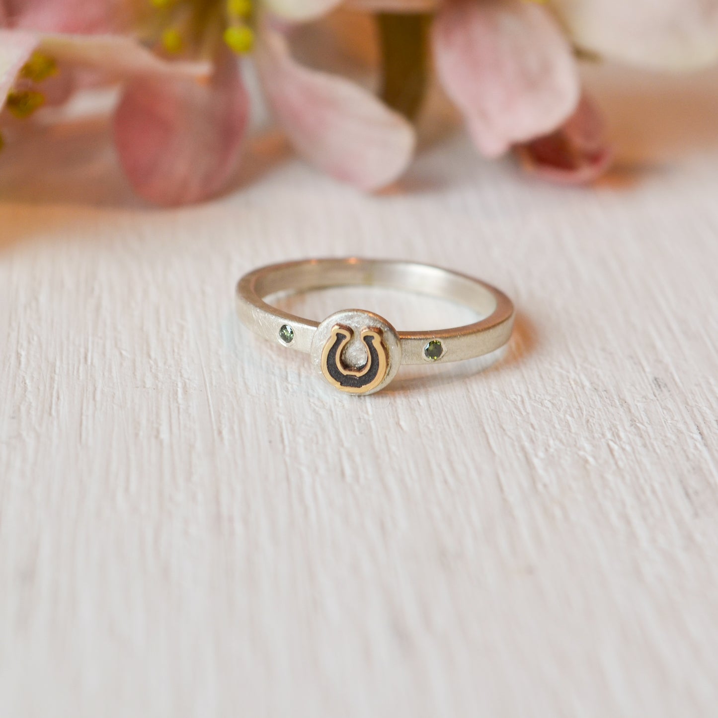 SS/YG Green Diamond Horseshoe Ring - 6.5