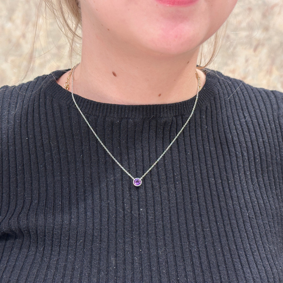 SS 6mm Amethyst Beaded Bezel Necklace