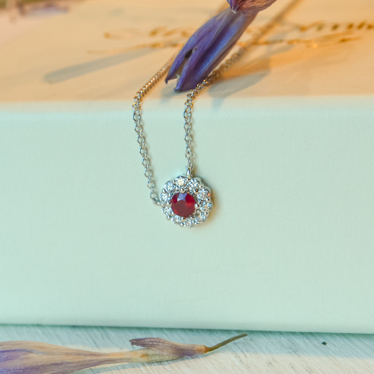 14kW .26ct Ruby .22cttw Diamond Halo Necklace SC55030186