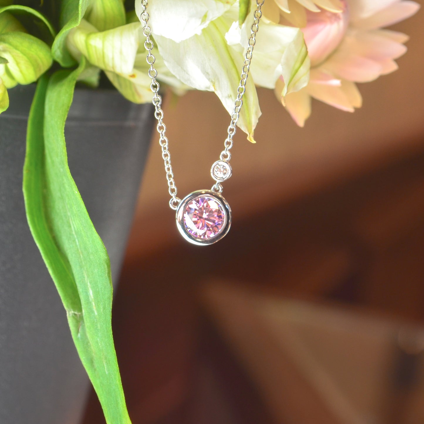 SS 1.54ct Pink Zircon .02ct Diamond Necklace NK5241SV5PZ - 17.5"