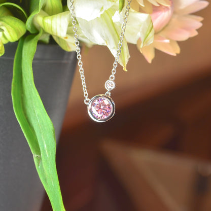 SS 1.54ct Pink Zircon .02ct Diamond Necklace NK5241SV5PZ - 17.5"