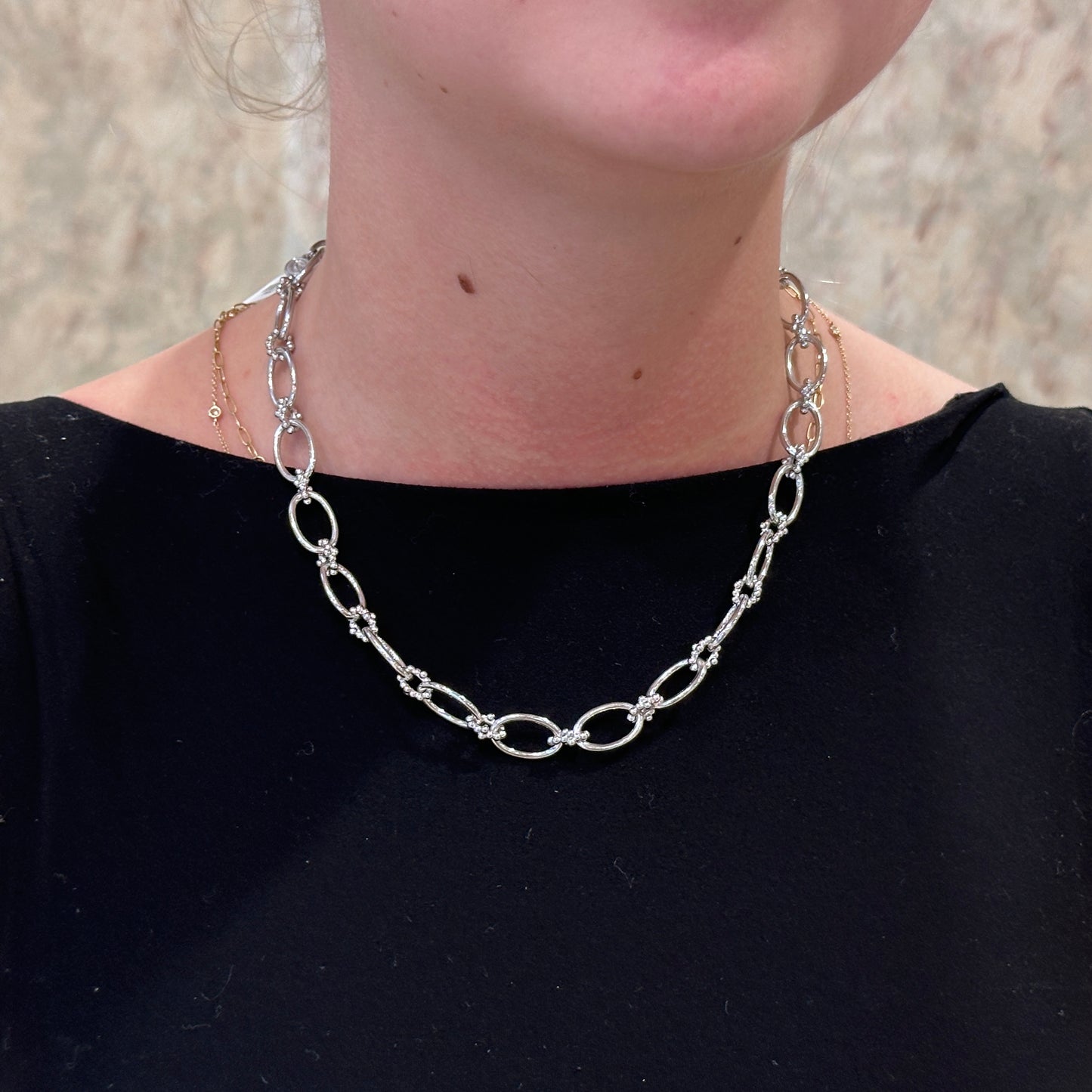 SS Oval Link Chain with Beaded Connectors NK7094SVJJJ
