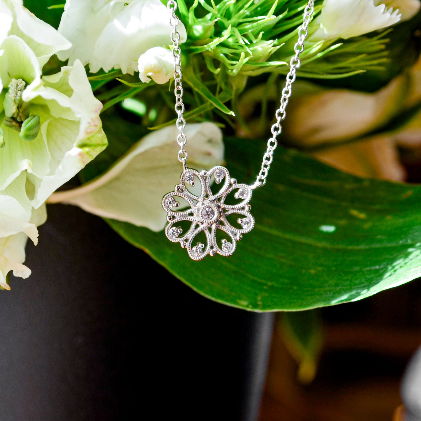 SS .12cttw White Sapphire Filigree Necklace NK4334SVJWS
