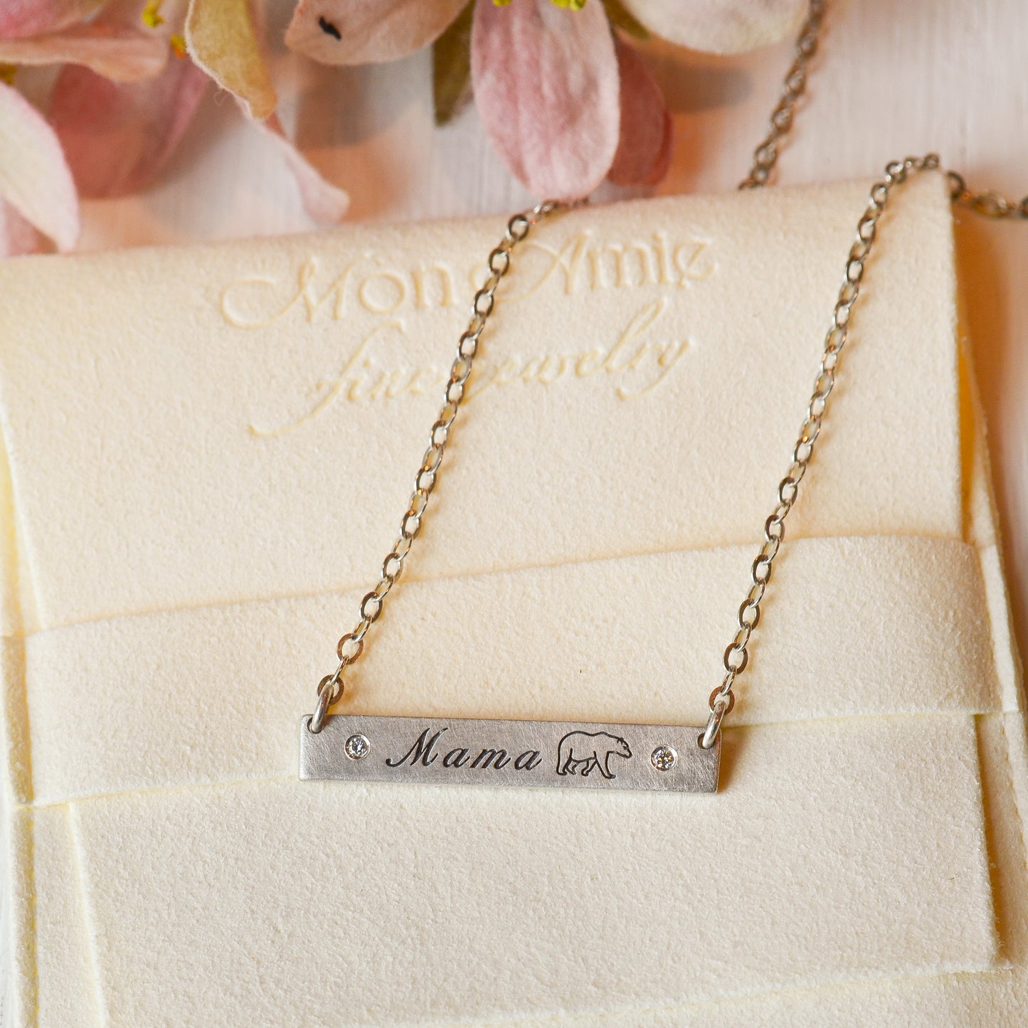 SS Diamond Mama Bear Bar Necklace 18"