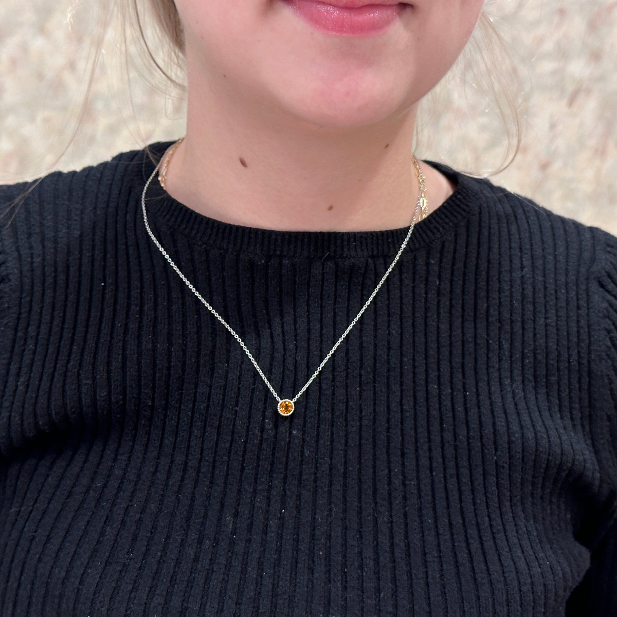 SS 6mm Citrine Beaded Bezel Necklace