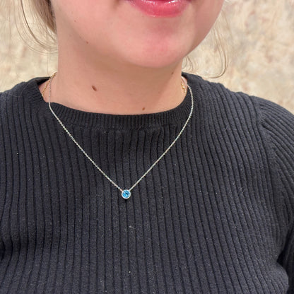 SS 6mm Blue Topaz Beaded Bezel Necklace