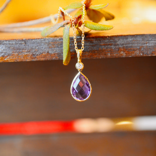 14kY Amethyst & .03ct Diamond Drop Necklace P- 0102-D-AM