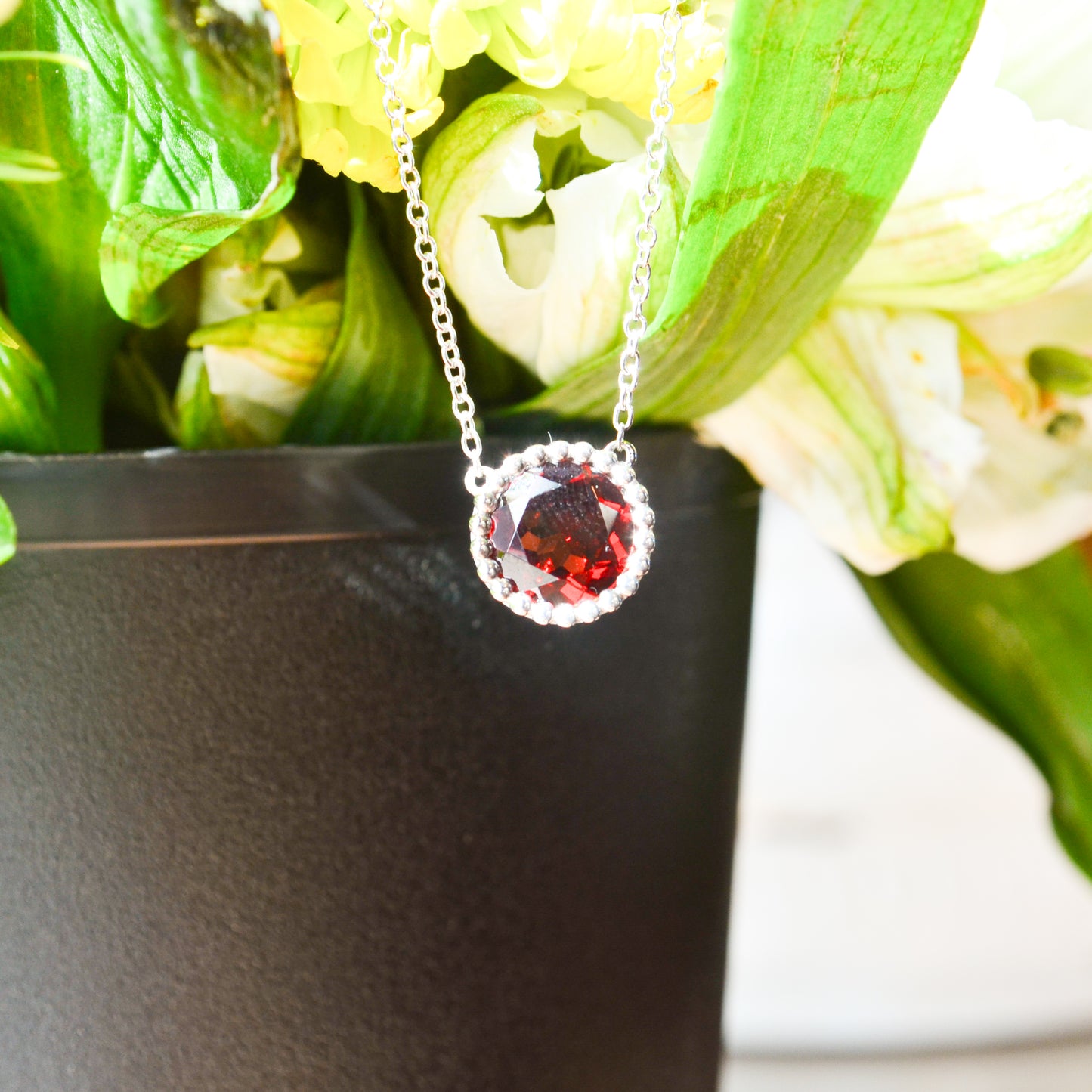 SS 2.11ct Garnet Beaded Bezel Necklace NK4277SVJGN-17