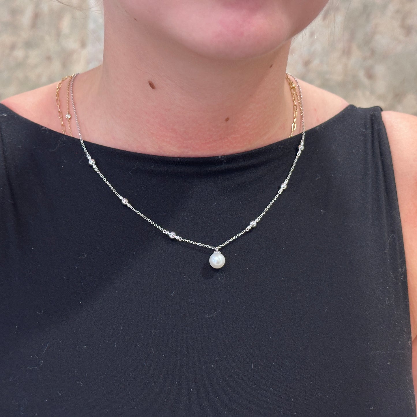 SS Freshwater Pearl Bead Station Necklace NK7078SVJPB