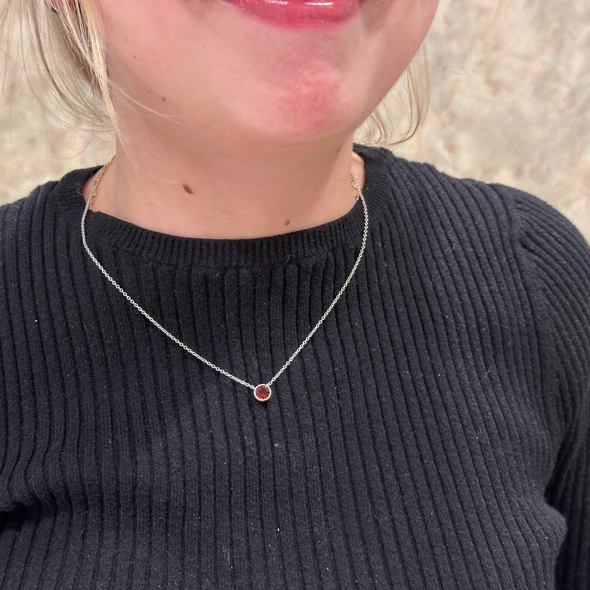 SS 6mm Garnet Beaded Bezel Necklace