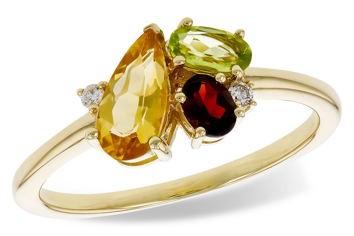14kY .79ct Citrine/Peridot/Garnet .03ct Dia Ring D6007
