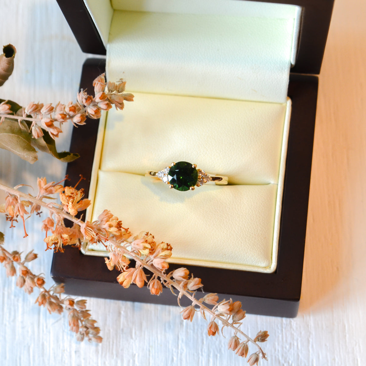 18kY 1.31ct Green Tourmaline .15cttw Diamond Ring