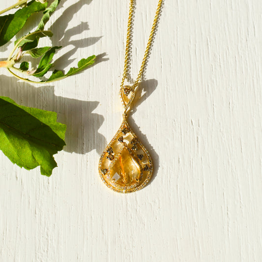 14kY 2.42ct Golden Line Quartz .55cttw Diamond Necklace COR36212847