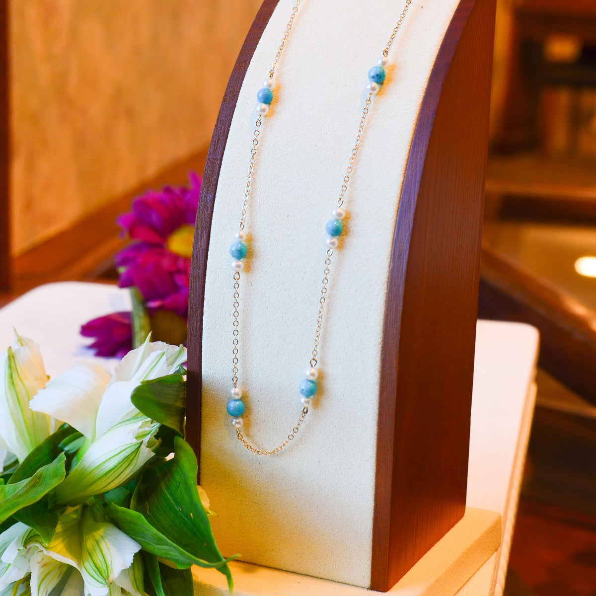 14kY FWP & Turq. Bead Necklace 90259618FPTQ-18"