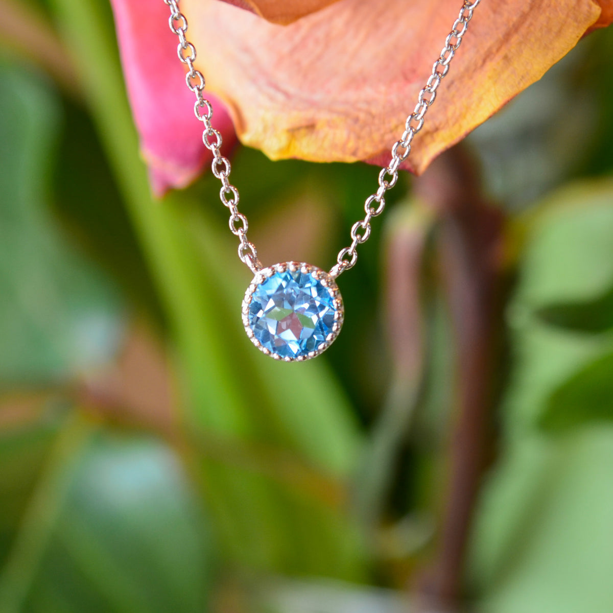 SS 6mm Blue Topaz Beaded Bezel Necklace