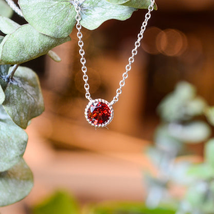 SS 6mm Garnet Beaded Bezel Necklace