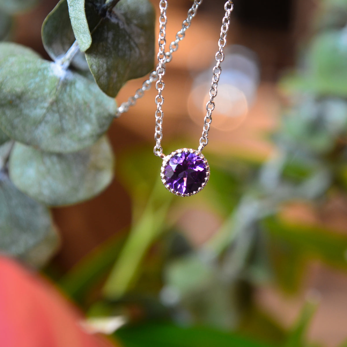 SS 6mm Amethyst Beaded Bezel Necklace