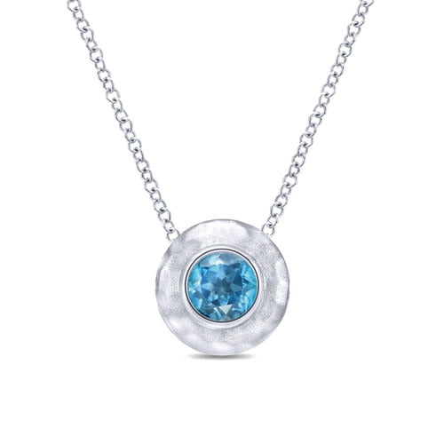 SS .58ct Blue Topaz Hammered Bezel Necklace NK3889SVJBT