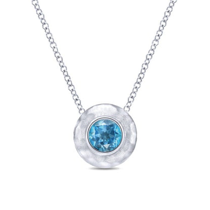 SS .58ct Blue Topaz Hammered Bezel Necklace NK3889SVJBT