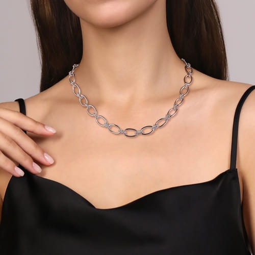 SS Oval Link Chain with Beaded Connectors NK7094SVJJJ