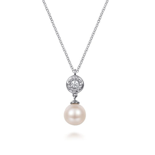 SS White Sapphire and Pearl Drop Necklace NK7108SVJMC