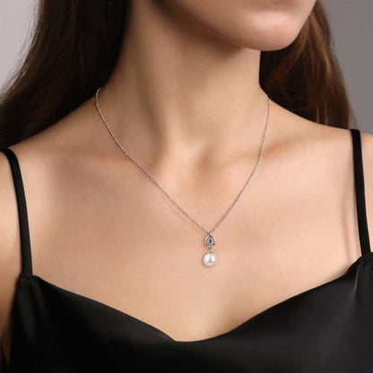 SS White Sapphire and Pearl Drop Necklace NK7108SVJMC