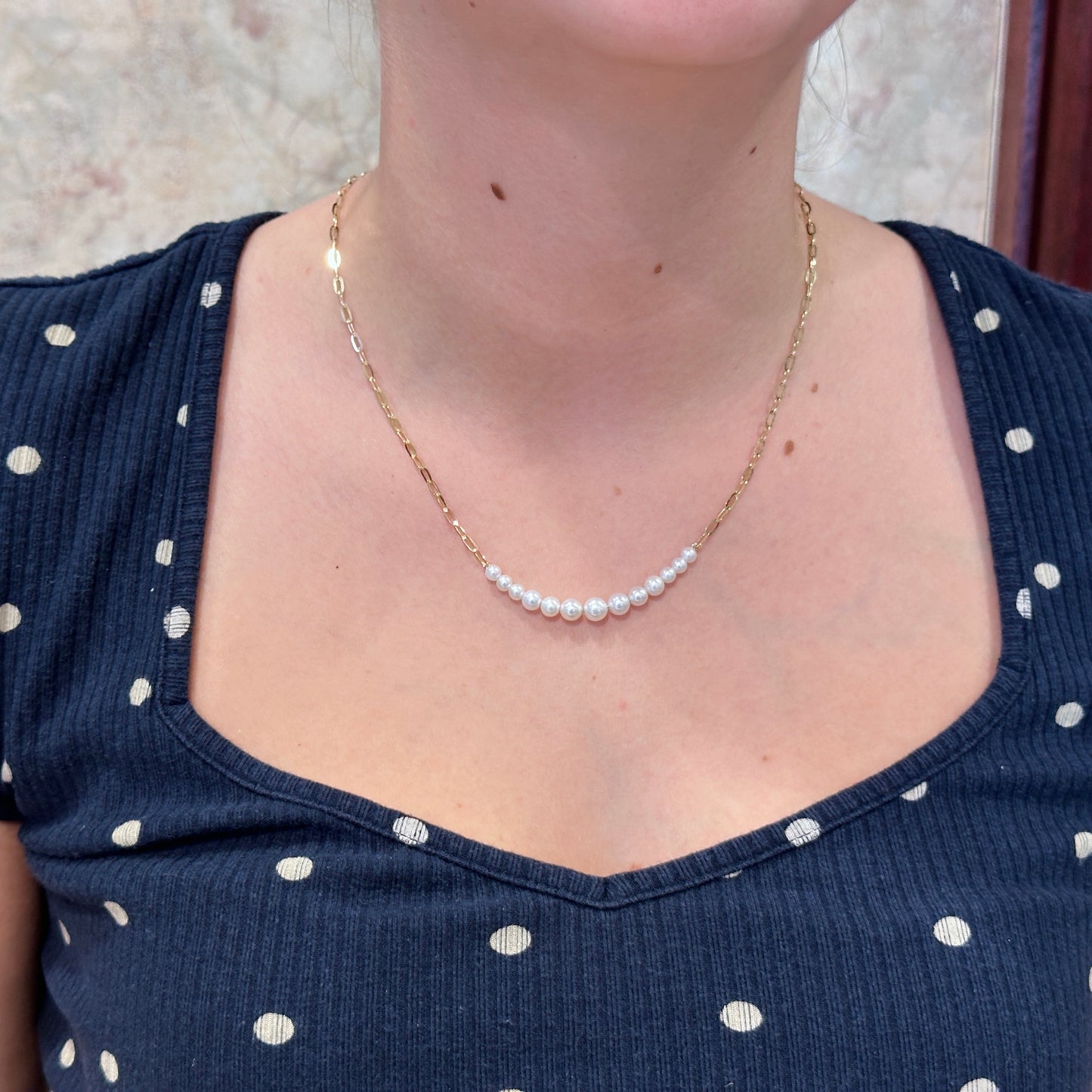 14kY Pearl Paper Clip Necklace SC55023409-18