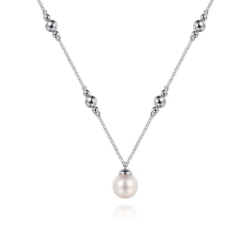 SS Freshwater Pearl Bead Station Necklace NK7078SVJPB