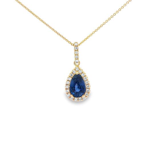 14kY 1.54ct Ceylon Sapphire .16cttw Diamond Halo Pendant