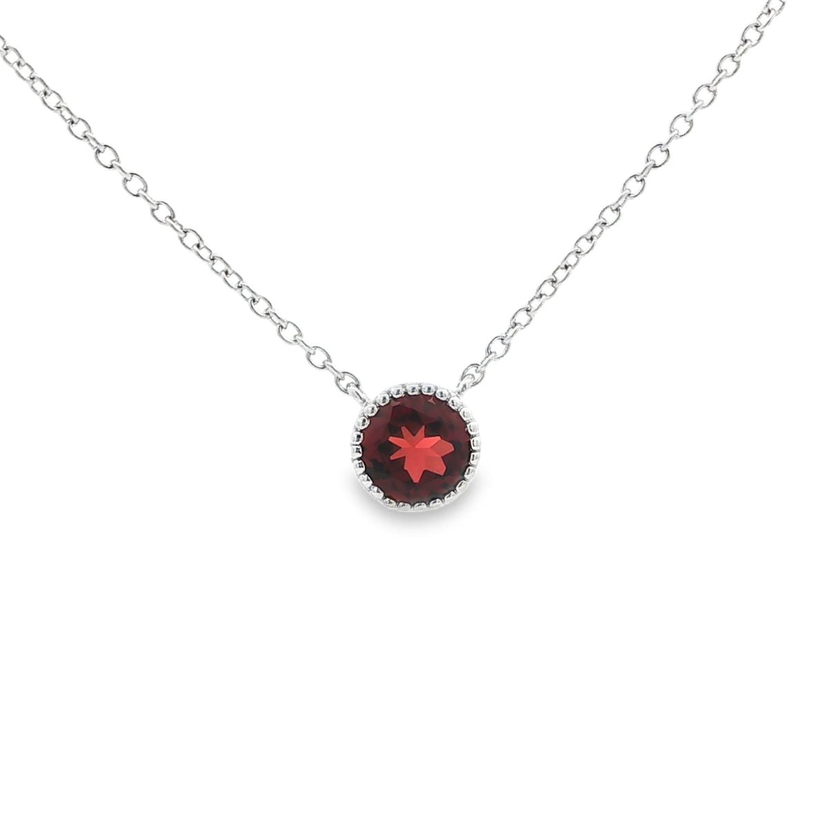 SS 6mm Garnet Beaded Bezel Necklace