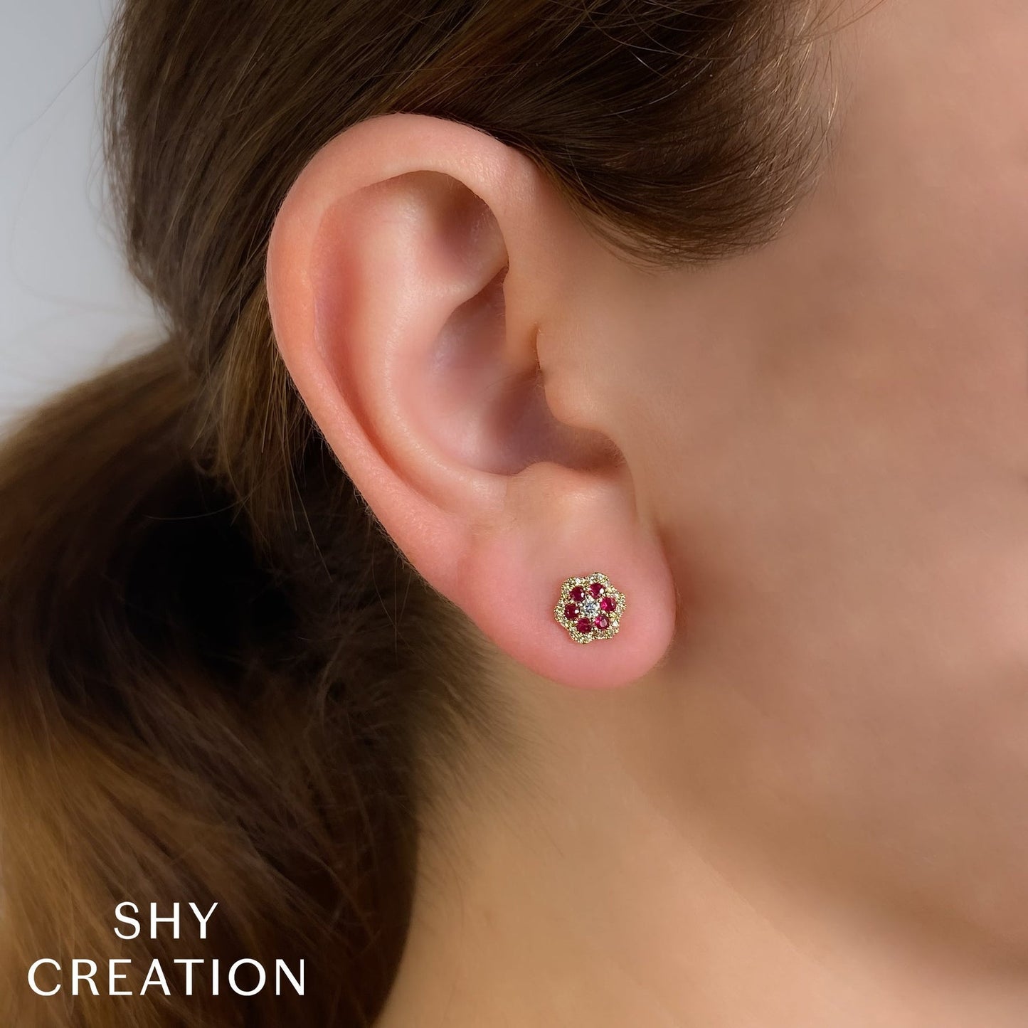 14kW .26cttw Ruby .18cttw Diamond Flower Stud SC55025686