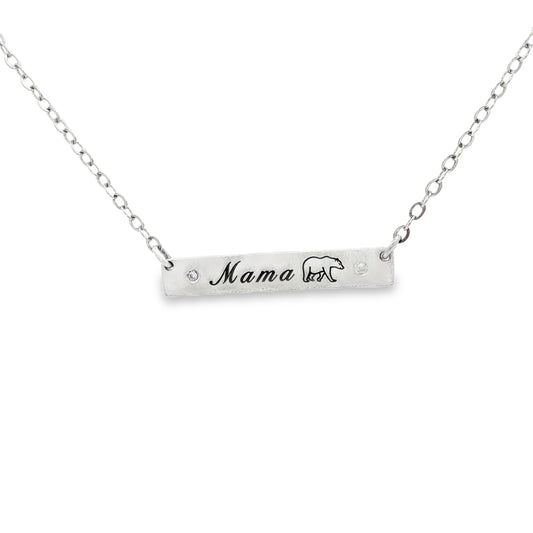 SS Diamond Mama Bear Bar Necklace 18"